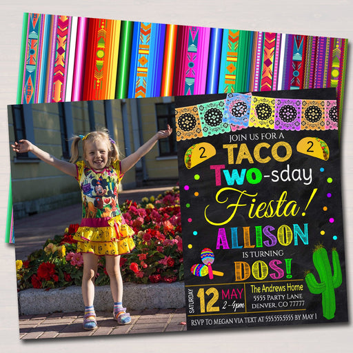 Editable Taco Two-sday Second Birthday Fiesta Invitation, Chalkboard Printable Kid's Birthday Party, Cinco De Mayo Invite, INSTANT DOWNLOAD