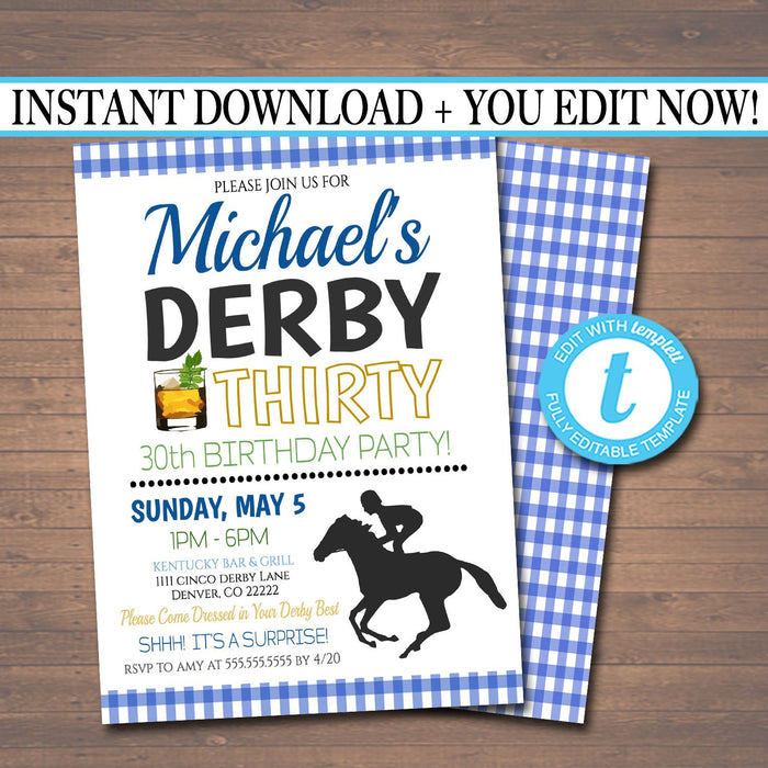 Derby Thirty Printable Birthday Invitation, Derby Day Party Invite, Man's Thirtieth Birthday, 30th Derby Party,