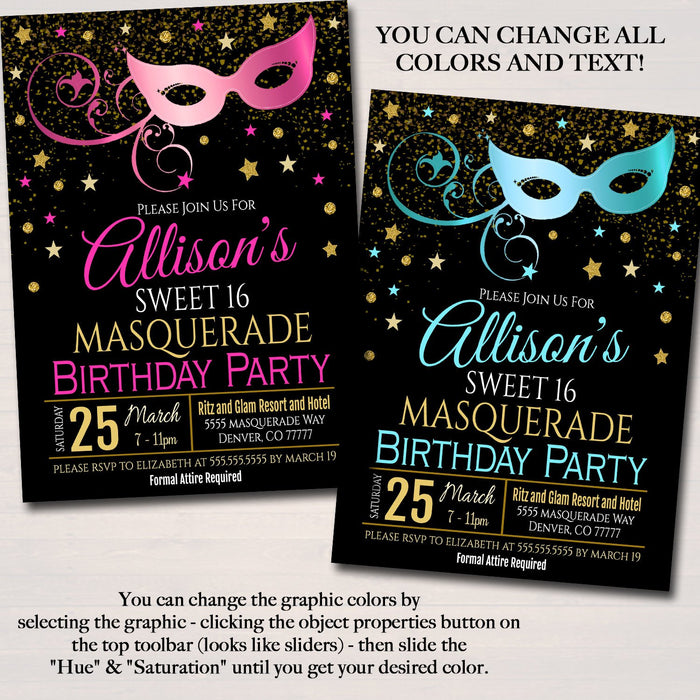 Masquerade Birthday Invitation, Printable Surprise Party Invite Glam Birthday  Invite, Mask Any Age Party