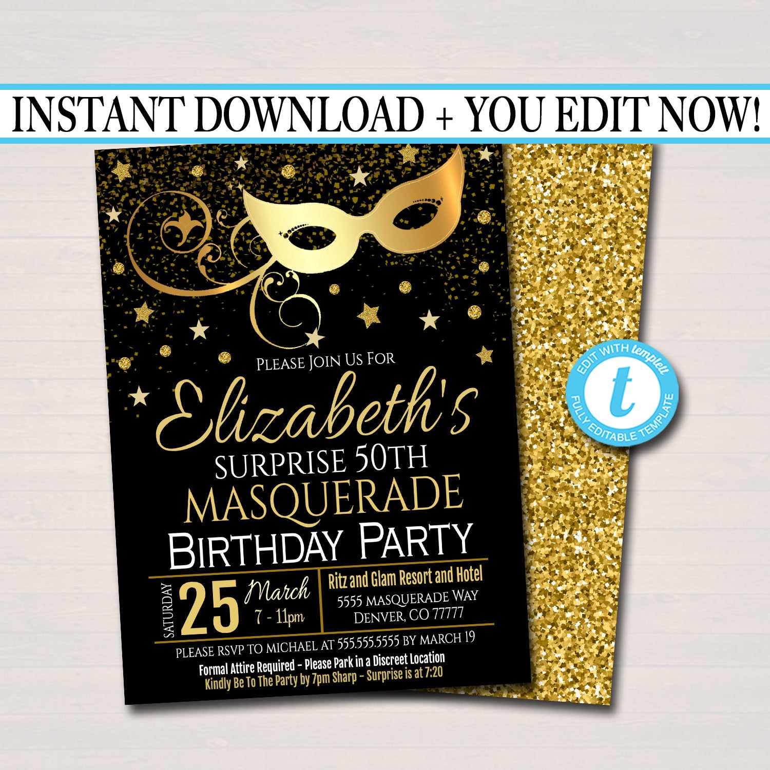Masquerade Birthday Invitation, Printable Surprise Party Invite Glam B — TidyLady Printables for Free Printable Masquerade Invitation Templates