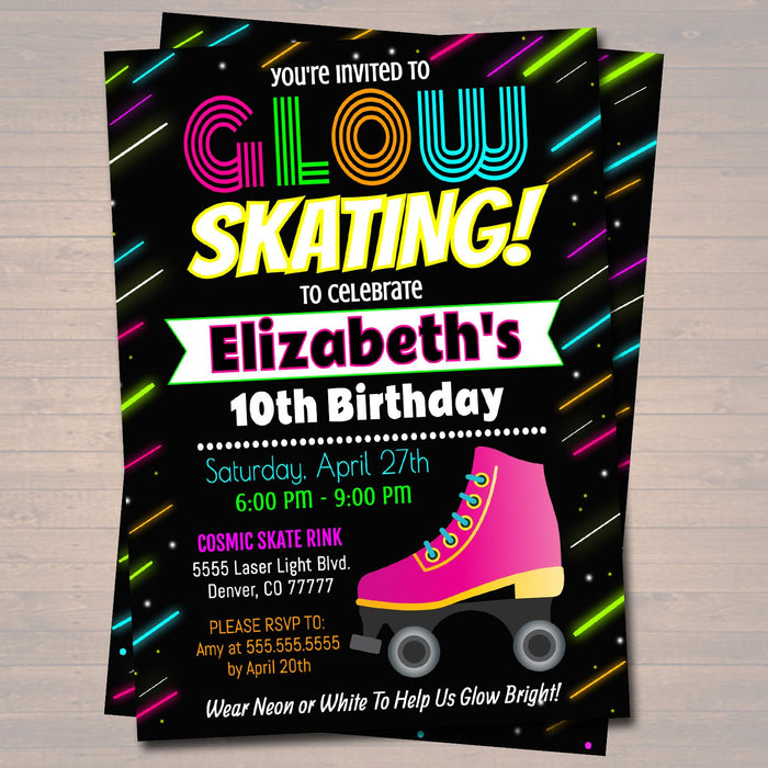 Glow Skating Birthday Invitation, Cosmic Skatel Neon Invite Birthday , Glow in Dark Thank You Party Tags