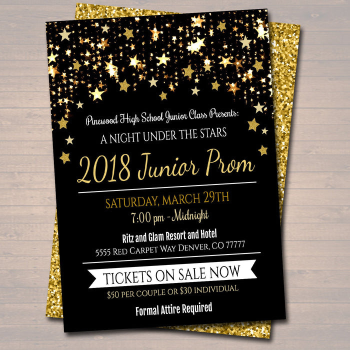 Prom Dance Invitation. Starry Night, Gold Glitter An Evening Under The Stars High School Dance Event, Pto, Pta