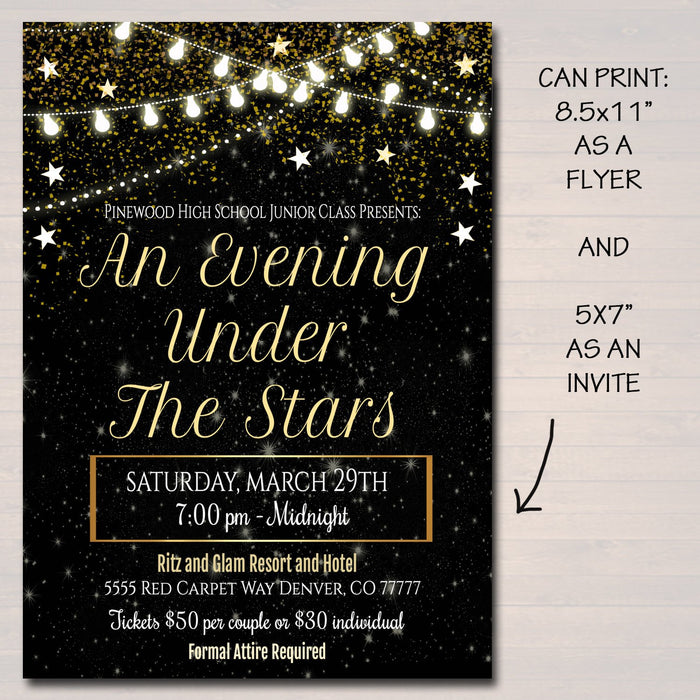 Prom Set, Dance Flyer Invitation Ticket Starry Night, Gold Glitter Under The Stars High School Event, Pto, Pta