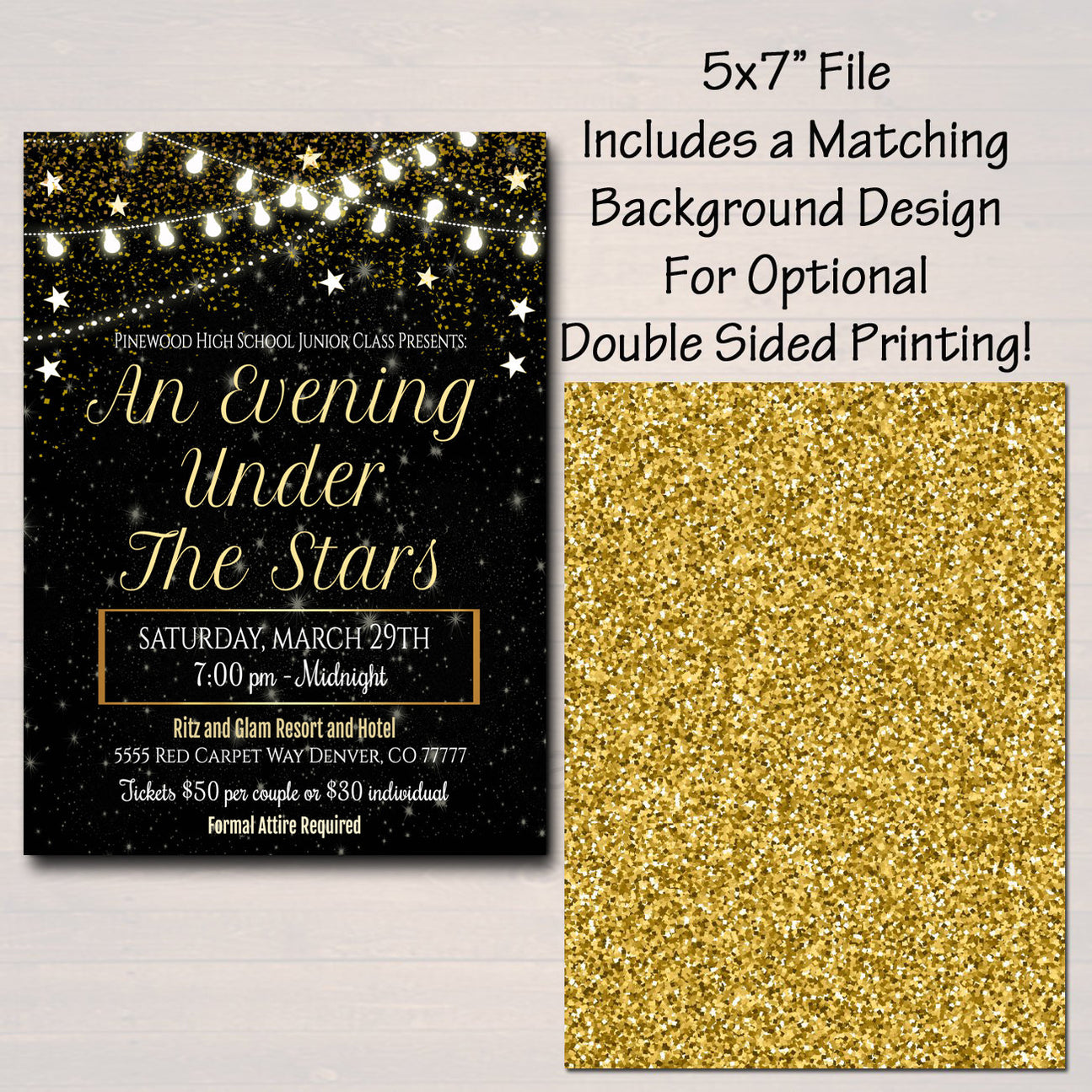 Prom Set Dance Flyer Invitation Ticket Starry Night Gold Glitter Und — Tidylady Printables 