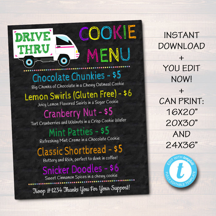 Drive Thru Cookie Booth Menu Sign,  File Troop Leader, Cookie Banner, Bake Sale Sign,  Fundraiser Printables