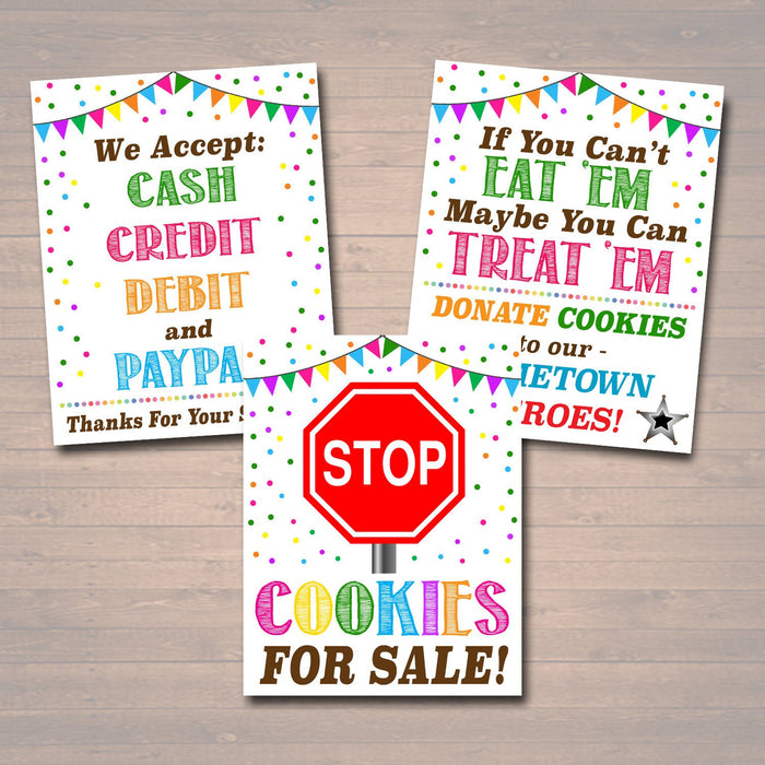 PRINTABLE Cookie Booth Sign Set, Accept Payments, Fundraising Booth Stop Cookies, Donate Police Hero Cookie Banner, Cookie Drop Booth Poster