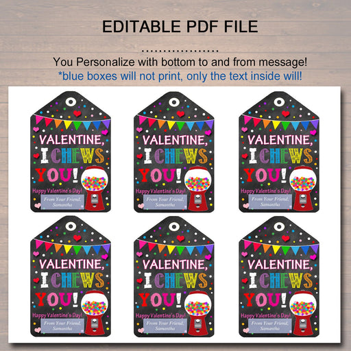 EDITABLE Bubble Gum Valentine's Day Gift Tags, Friend Classroom Classmate Printable, Valentine Gumball, I Chews You Tags, INSTANT DOWNLOAD