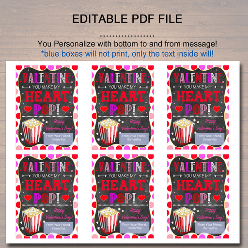 EDITABLE Popcorn Valentine's Day Gift Tags, Friend Classroom Classmate Printable, Valentine You Make My Heart Pop Tags, INSTANT DOWNLOAD