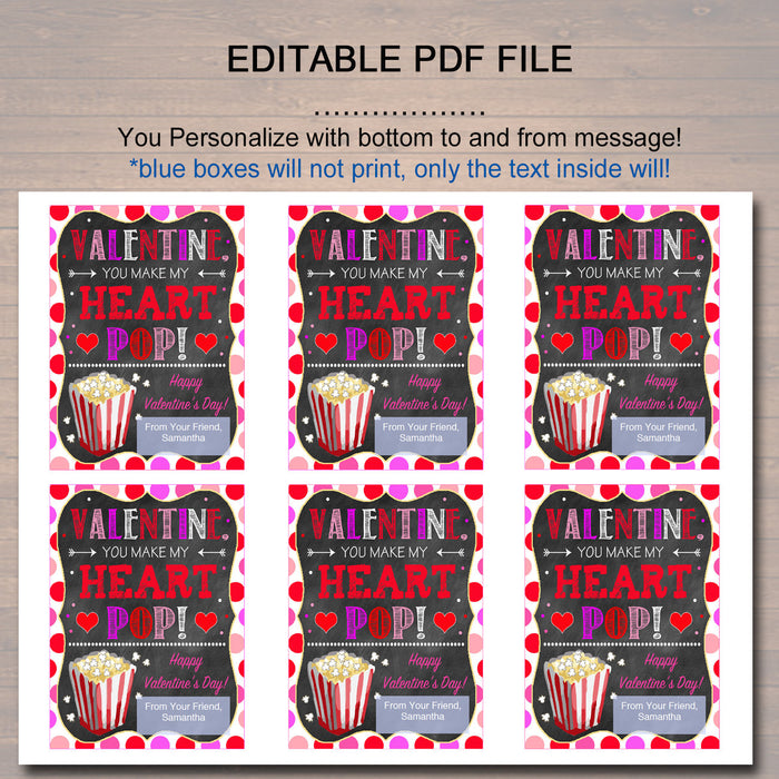 EDITABLE Popcorn Valentine's Day Gift Tags, Friend Classroom Classmate Printable, Valentine You Make My Heart Pop Tags, INSTANT DOWNLOAD