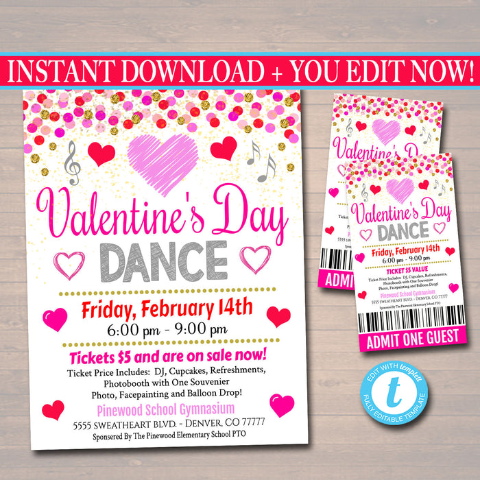 Valentine's Day Dance Set School Dance Flyer Party Invite, Church Community Event, Sweetheart Dance, pto pta,