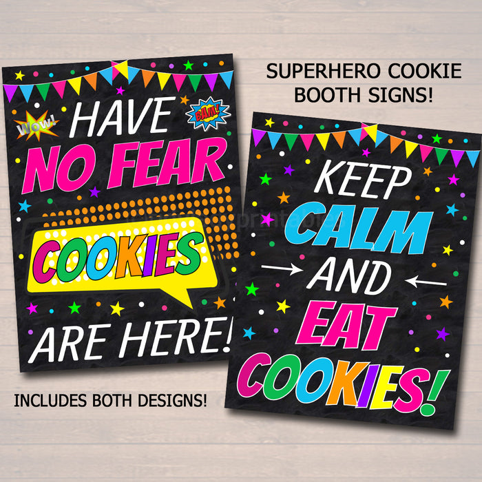 Printable Superhero Themed Cookie Booth Sign Set, Cookie Booth Donate Cookies, Stop Cookies Here  Cookie Drop Banner