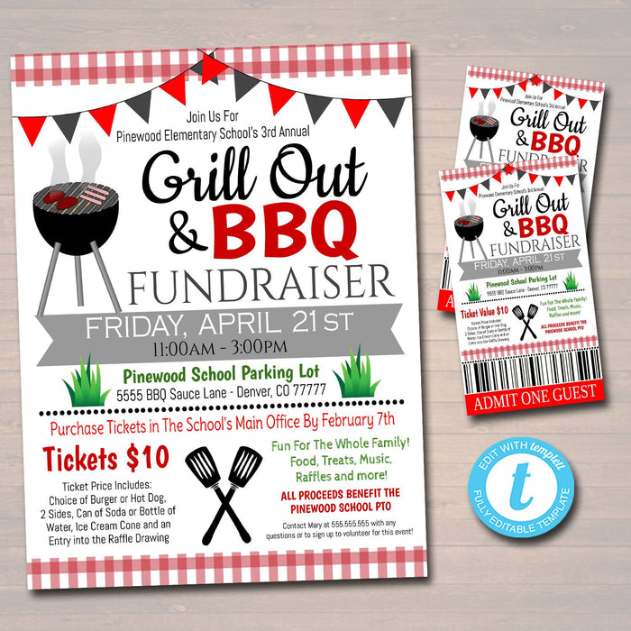 BBQ Grill Out Fundraiser Flyer Ticket Poster Set- Printable Template