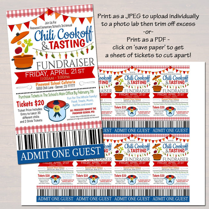 Chili Cookoff Dinner Fundraiser Flyer Ticket Set - Editable Template