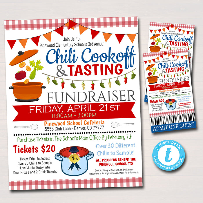 Chili Cookoff Dinner Fundraiser Flyer Ticket Set - Editable Template