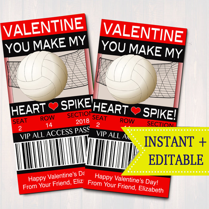 EDITABLE Volleyball Ticket Valentine's Day Cards, INSTANT DOWNLOAD, Printable Kids Valentine, Classroom Valentine, You Make My Heart Spike!