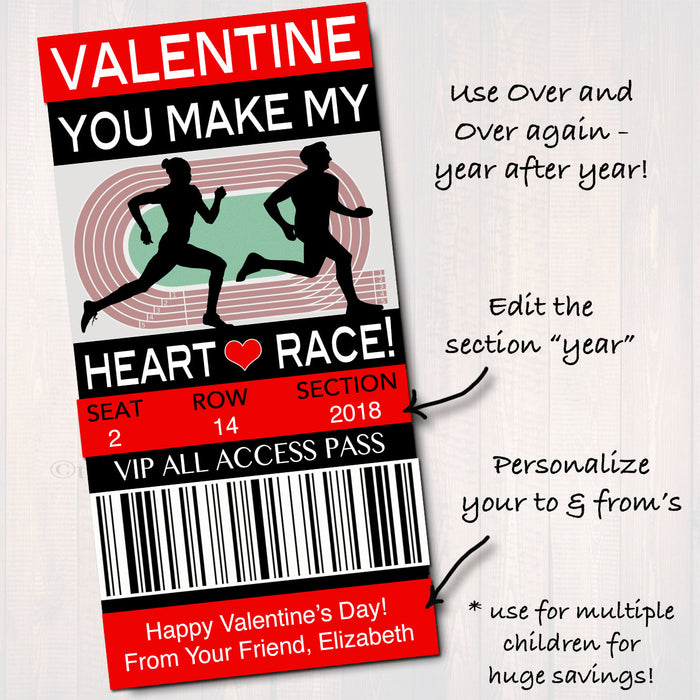 EDITABLE Track Ticket Valentine's Day Cards, INSTANT DOWNLOAD, Printable Runner Kids Valentine, Classroom Valentine, You Make My Heart Race!