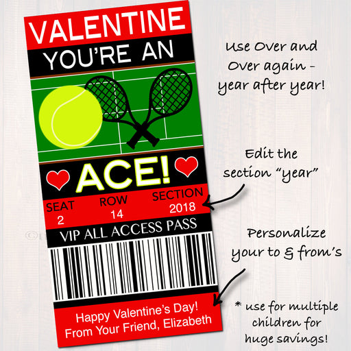 EDITABLE Tennis Ticket Valentine's Day Card, INSTANT DOWNLOAD, Printable Sports Tennis Kids Valentine, Classroom Valentine, You're An Ace!