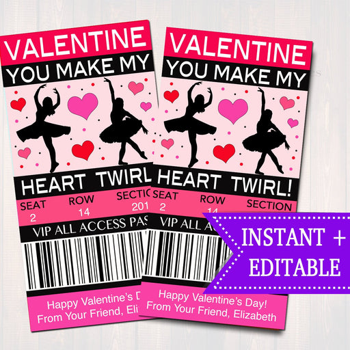 EDITABLE Ice Dancer Ticket Valentine's Day Cards, INSTANT DOWNLOAD, Printable Kids Valentine, Girl Classroom Ballerina, Make My Heart Twirl