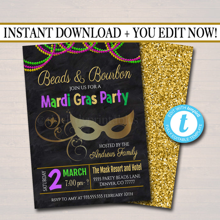 Mardi Gras Bachelorette Party Invitation, Glitter Green Purple Gold Invite, Beads and Bourbon, New Orleans,