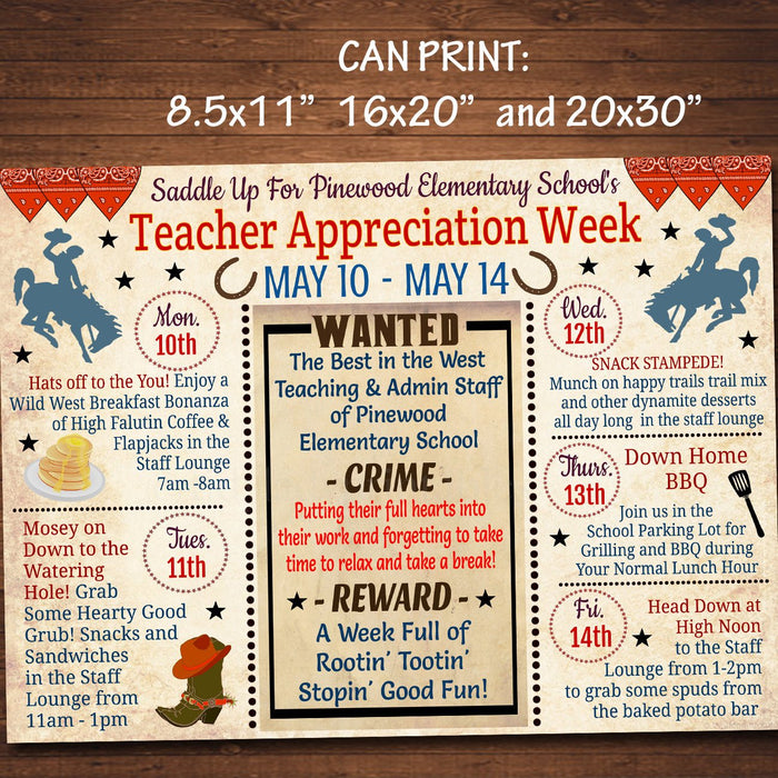 EDITABLE Western Themed Teacher Appreciation Week Itinerary Poster, Wild West Appreciation Week Schedule Events, INSTANT DOWNLOAD Printable