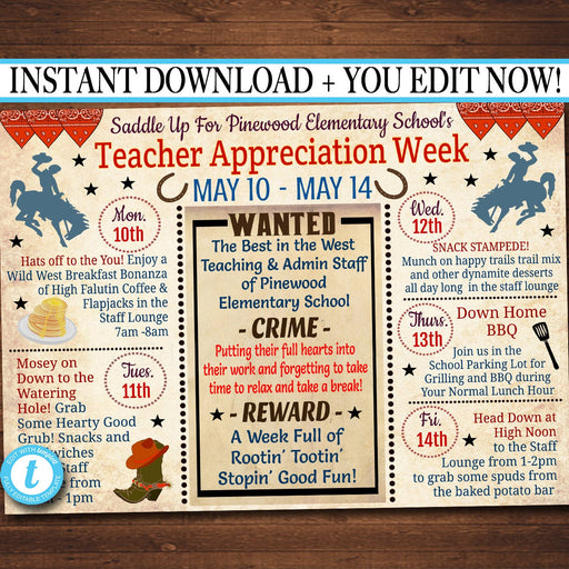EDITABLE Western Themed Teacher Appreciation Week Itinerary Poster, Wild West Appreciation Week Schedule Events, INSTANT DOWNLOAD Printable