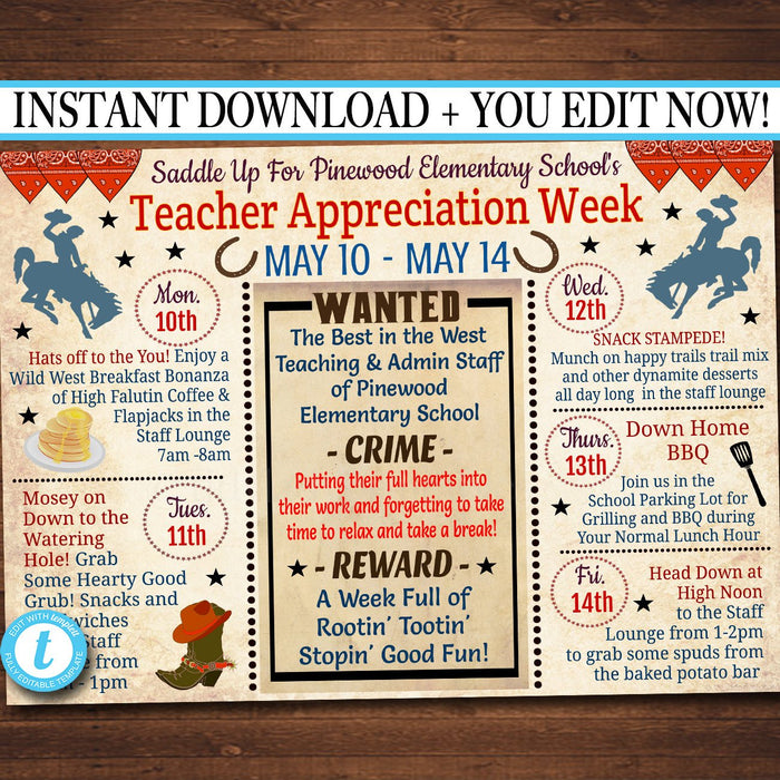 Western Themed - Teacher Appreciation Week Events Printable — TidyLady Printables western-themed-teacher-appreciation-week-events-printable-tidylady-printables