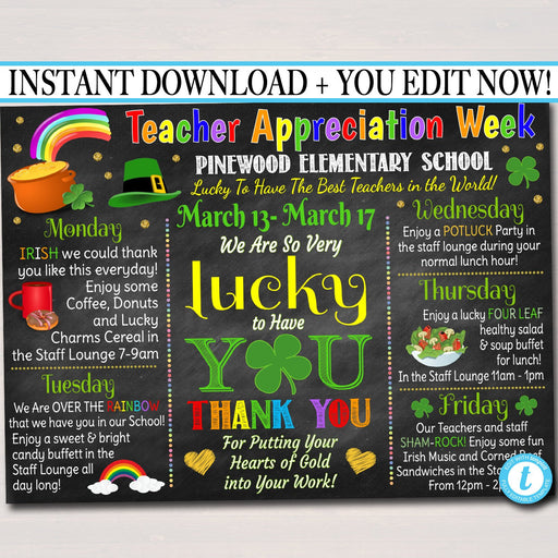 EDITABLE St. Patricks Day Teacher Appreciation Week Itinerary Poster Lucky Theme Appreciation Week Schedule Event INSTANT DOWNLOAD Printable