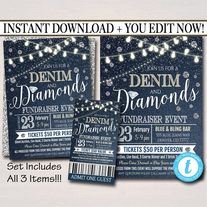 Denim and Diamonds Benefit Fundraiser Invitation/Flyer/Ticket Set  Invite