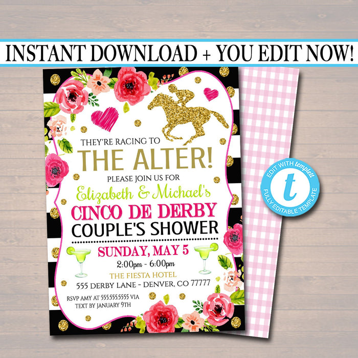 Cinco De Derby Bridal Shower Invitation, Printable Couples Engagement Party Invite, They're Racing To The Alter!