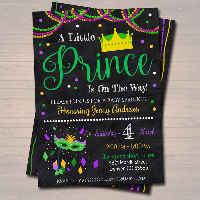 Mardi Gras Boy Baby Shower Party Invitation We've Got the Baby Sprinkle, A Little Prince is On His Way New Orleans