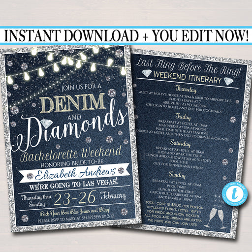 EDITABLE Denim and Diamonds Bachelorette Party Invitation, Bridal Shower Wedding, Ladies Weekend Country Itinerary Party INSTANT DOWNLOAD