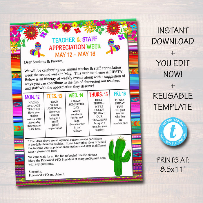 Editable Fiesta Teacher Appreciation Staff Invitation Newsletter, Printable Appreciation Week of Events, Take Home Flyer, INSTANT DOWNLOAD