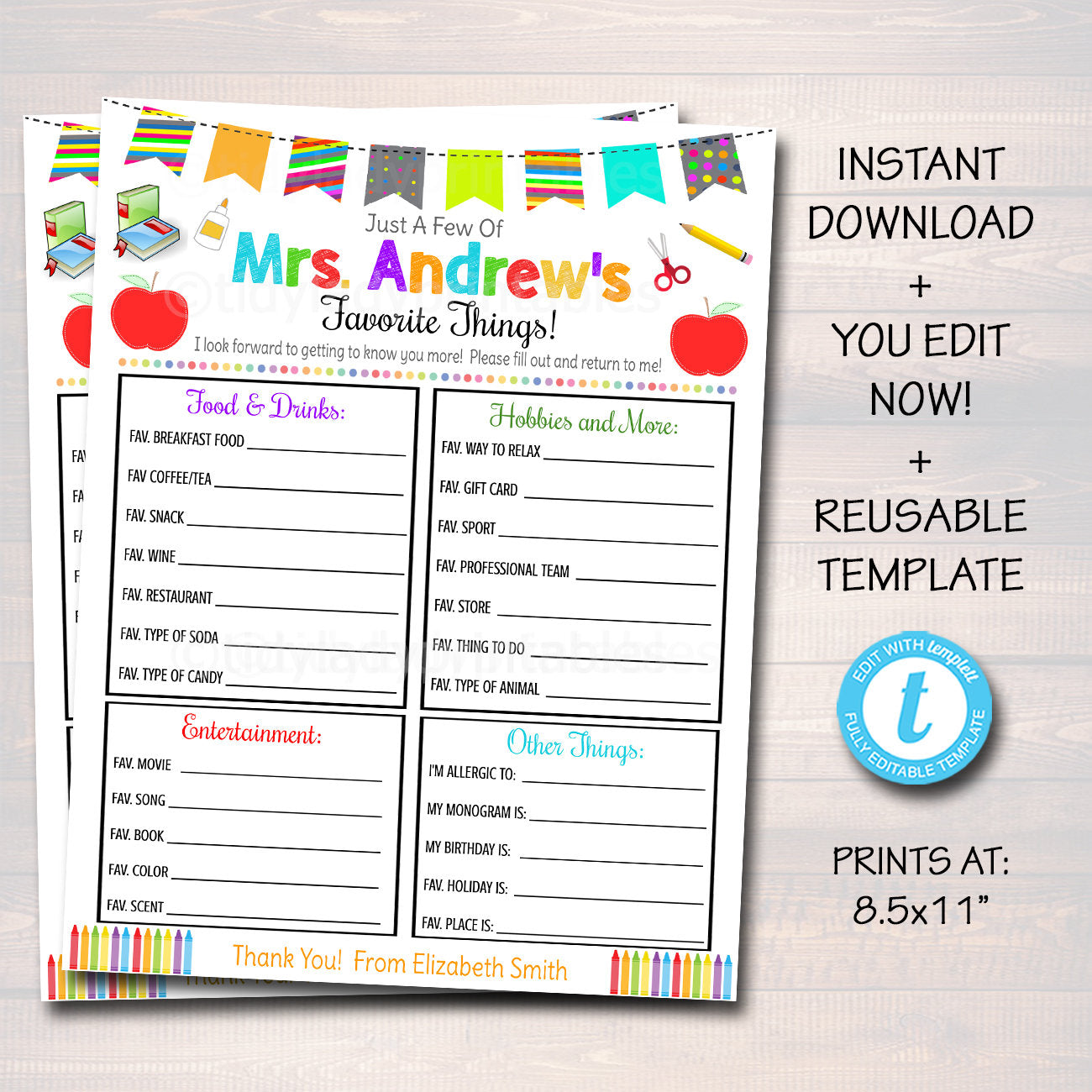 Teacher Favorites Survey | TidyLady Printables for Free Printable My Favorite Things Worksheet