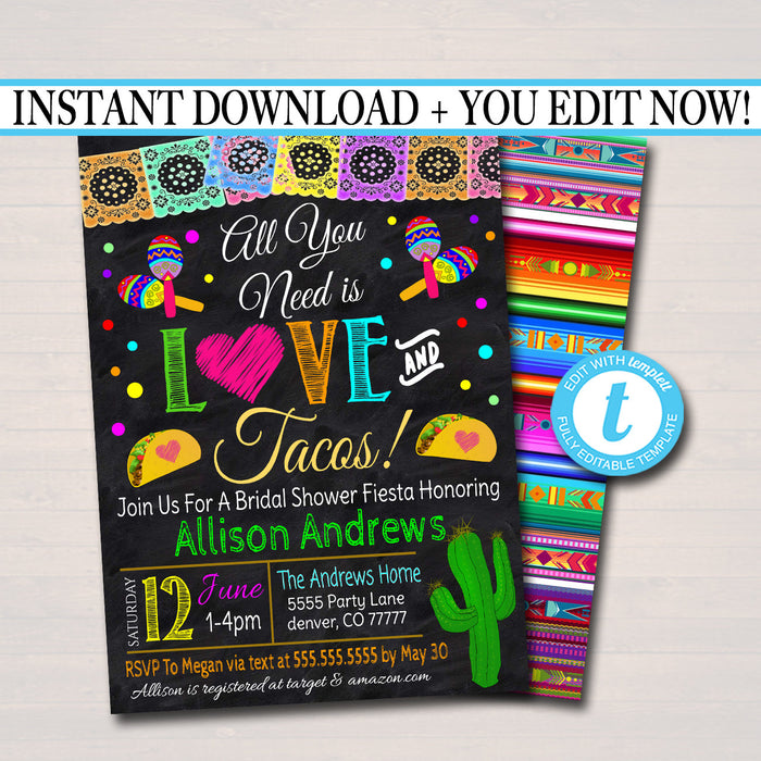 Editable All You Need is Love & Tacos Invite, Fiesta Nacho Average Bridal Shower, Printable Wedding Couples Shower Party, INSTANT DOWNLOAD