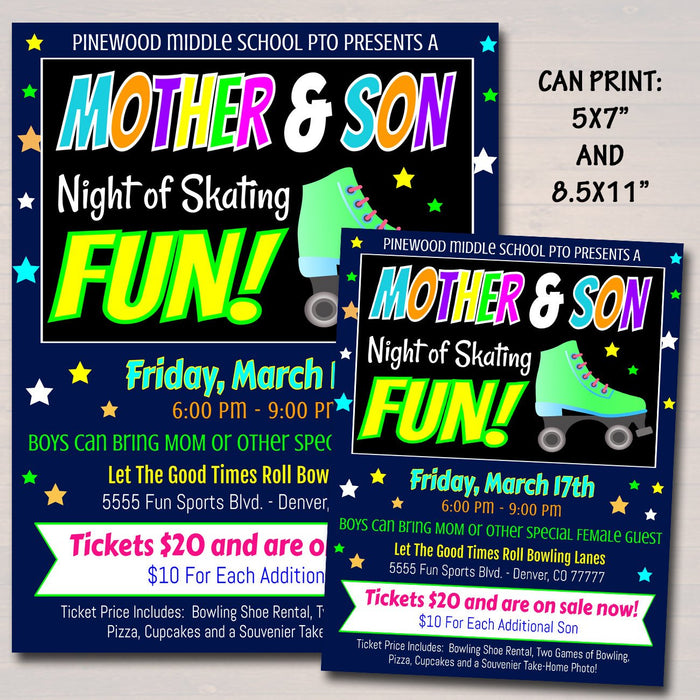 Mother &  Son School Skate Night Flyer Invite Set - Editable Template