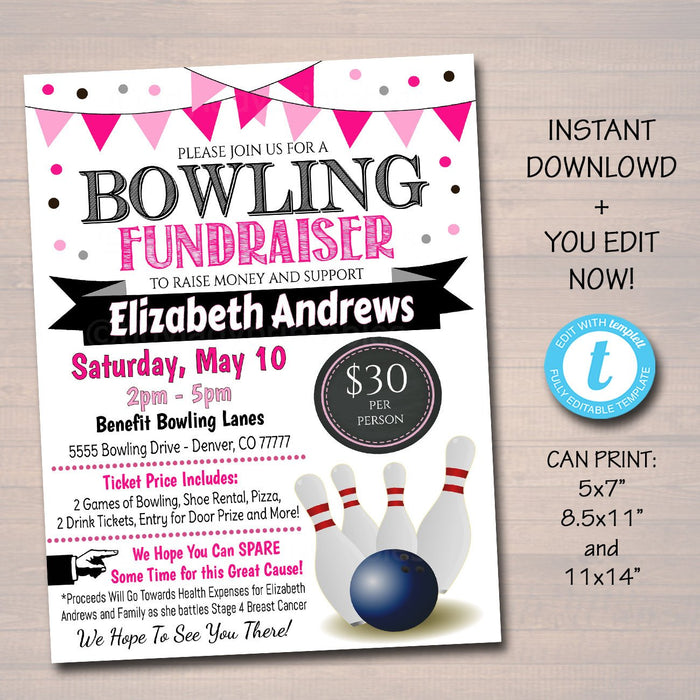 Cancer Bowling Fundraiser Event Flyer - Editable Template