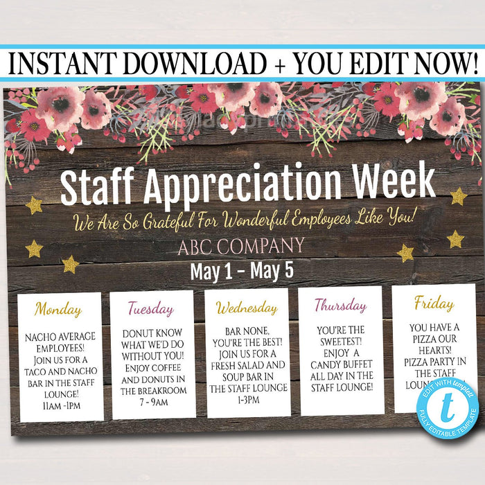 EDITABLE Staff Appreciation Week Itinerary Poster, Digital File, Appreciation Week Schedule Events, INSTANT DOWNLOAD Fundraiser Printables