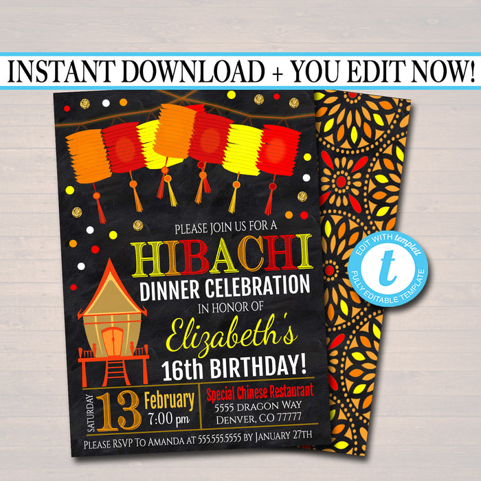 Hibachi Dinner Party Invitation, Party Invite, Chinese Restaurant Printable, Birthday Invite Template, Any Age,