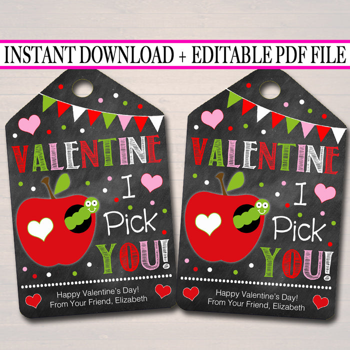EDITABLE Apple Valentine's Day Gift Tags, Kids Friend Classroom Fruit Printable, Apple Sauce Valentine Label, I Pick You, INSTANT DOWNLOAD