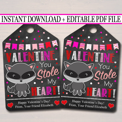 EDITABLE Valentine You Stole My Heart Raccoon Gift Tags, Teacher Friend Kids Classroom, Printable Valentine Candy Treat Tag INSTANT DOWNLOAD