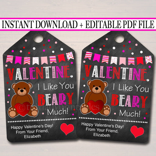 EDITABLE Valentine I Like You Beary Much Gift Tags, Teacher Friend Kids Classroom, Printable Valentine Gummy Bear Treat Tag INSTANT DOWNLOAD