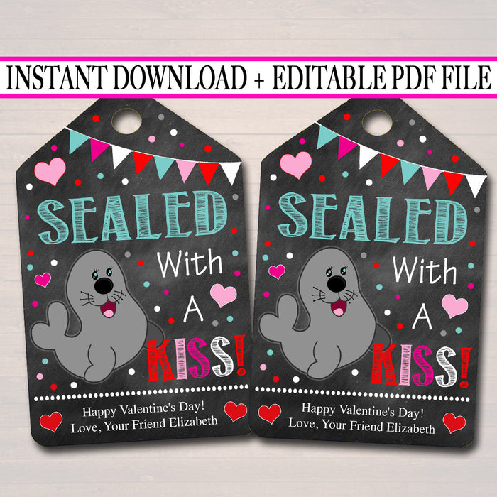 EDITABLE Sealed with a Kiss, Seal Gift Tags, Teacher Friend Kids Classroom, Printable Valentine, Chocolate Kiss Candy Tag, INSTANT DOWNLOAD