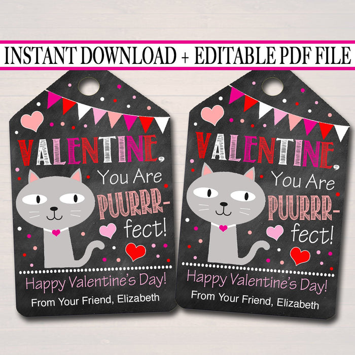 EDITABLE Valentine You Are Puurrfect Cat Gift Tags Teacher Friend Kids Classroom, Printable Valentine Kitten Cat Treat Tag, INSTANT DOWNLOAD