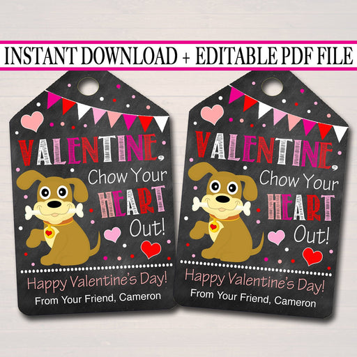 EDITABLE Valentine Chow Your Heart Out Dog Label, Teacher Friend Kids Classroom Printable, Valentine Puppy Chow Treat Tags, INSTANT DOWNLOAD