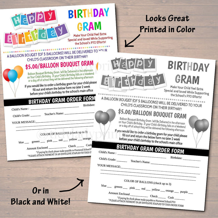 Birthday Gram Flyer, School Fundraiser Printable Template
