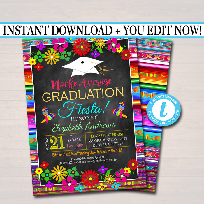 Fiesta Graduation Invitation, Chalkboard Printable College Graduate Taco Nacho Invite, High School Senior Graduate