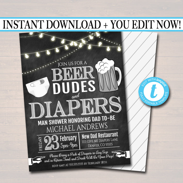 Man Shower Baby Invitation Chalkboard Printable Beer Dudes and Diapers Party Invite Diaper Shower, Baby is Brewing