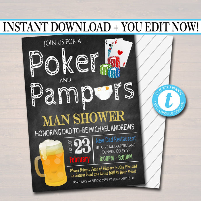 Editable Poker and Beer Baby Shower Invitation Chalkboard Printable Baby Sprinkle Card Games Couples Shower Party Invite INSTANT DOWNLOAD