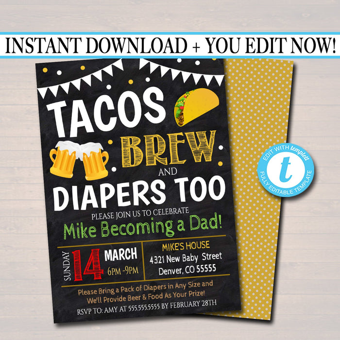 Editable Tacos and Beer Baby Shower Invitation Chalkboard Printable Baby Sprinkle Fiesta Couples Shower Party Invite INSTANT DOWNLOAD