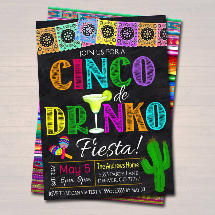 Cinco De Drinko Fiesta Invitation Chalkboard Printable Adult Birthday Party, Mexican Cinco De Mayo Party Invite,